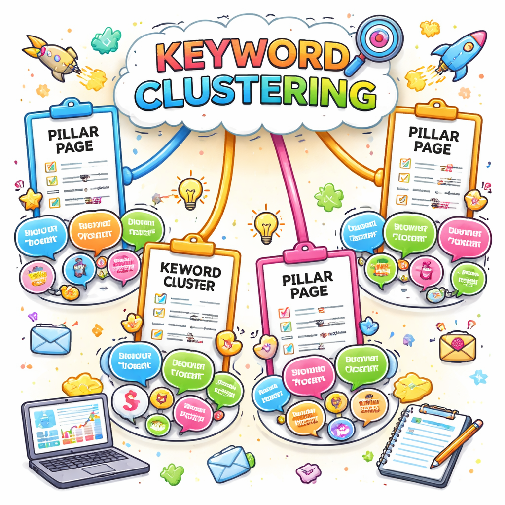 A graphic showing a mind map of keyword clusters branching into pillar pages, with bright colors and icons. Alt: Keyword clustering map illustration