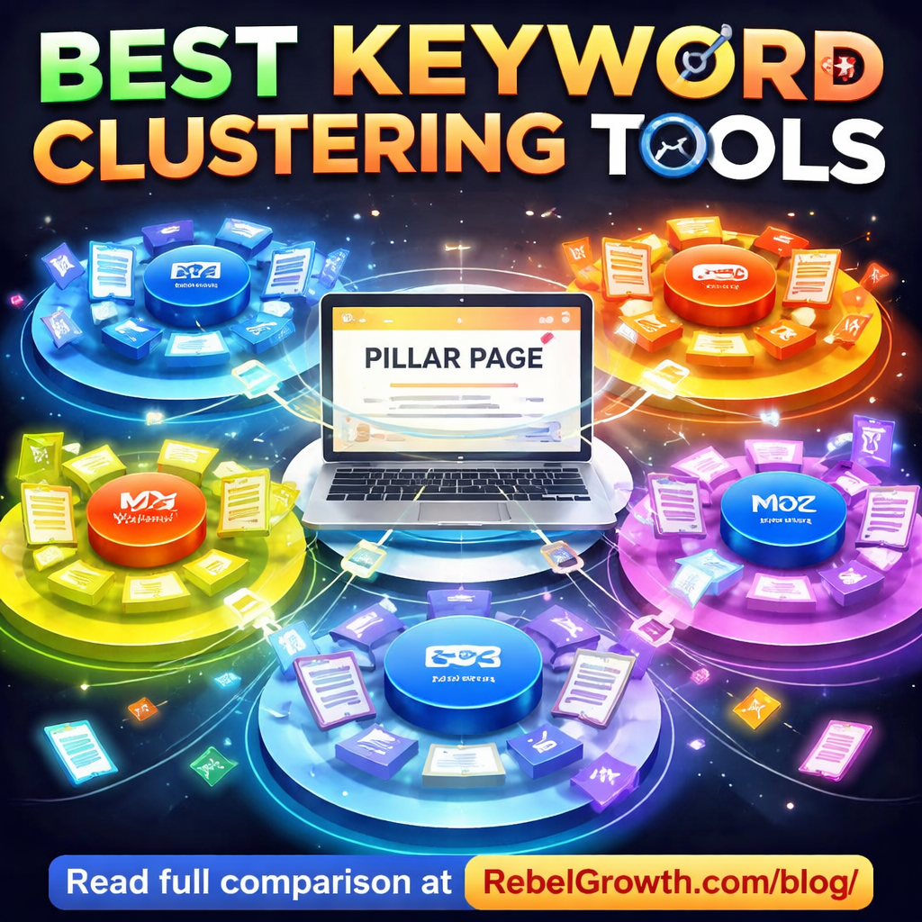 A vibrant graphic showing five interconnected clusters orbiting a central pillar page. Alt: Keyword clustering tools comparison diagram.