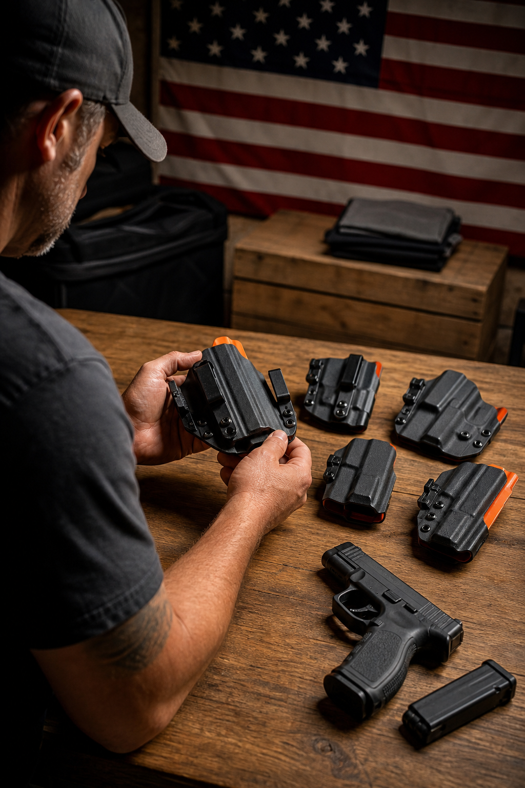 A photorealistic scene showing a shooter selecting a Kydex holster on a wooden table, with various carry styles displayed. Alt: carry style selection for Kydex holster