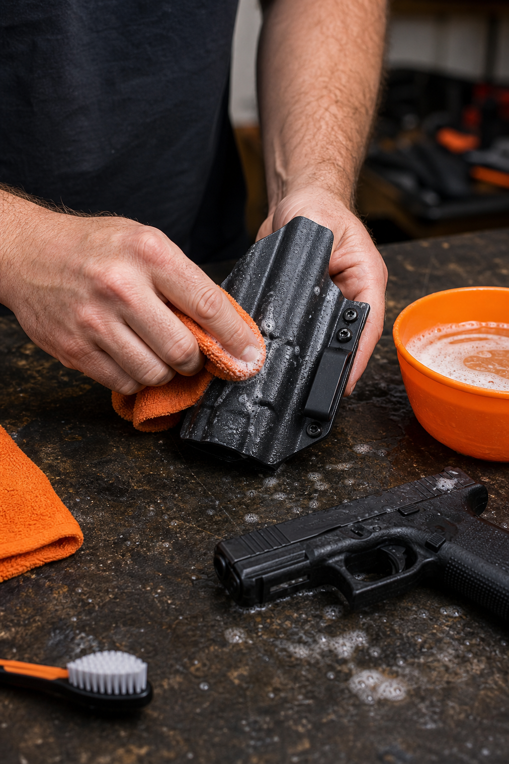 A realistic image of a gun owner cleaning a Kydex holster with a soft cloth and mild soap on a workbench. Alt: Kydex holster maintenance