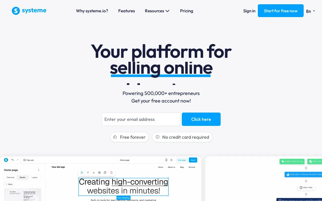 Screenshot of the Systeme.io website