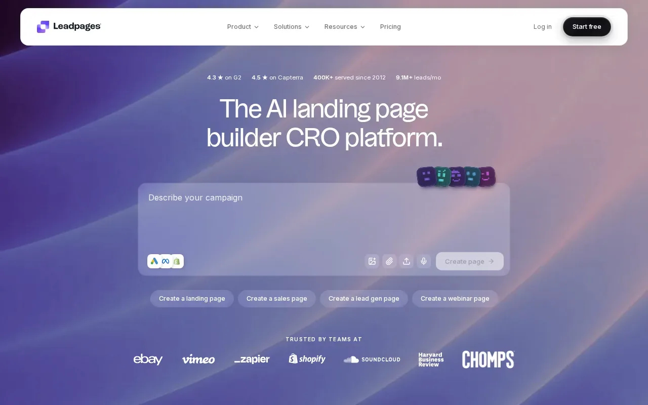 Screenshot of the Leadpages website