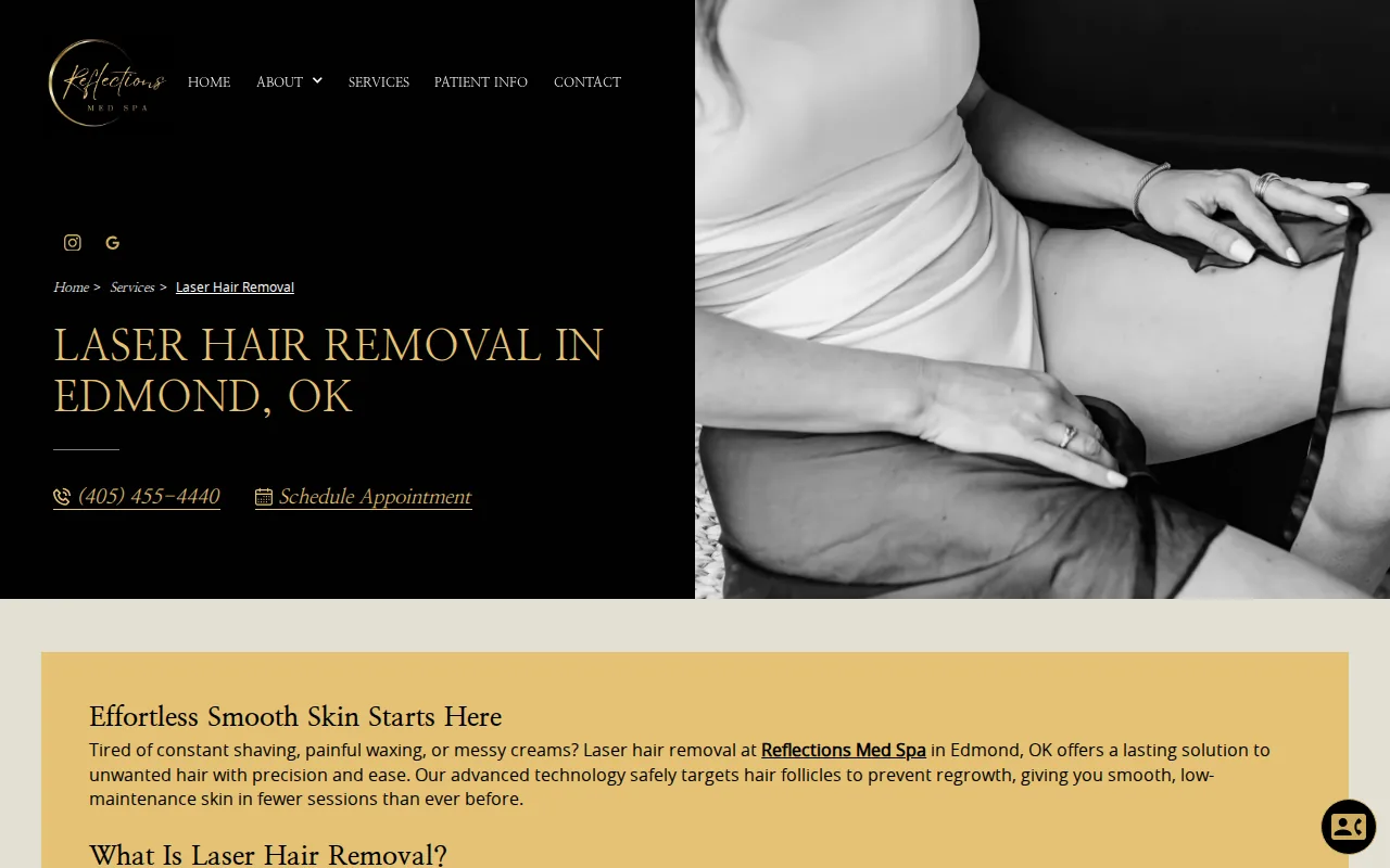 Screenshot of the Reflections Med Spa website