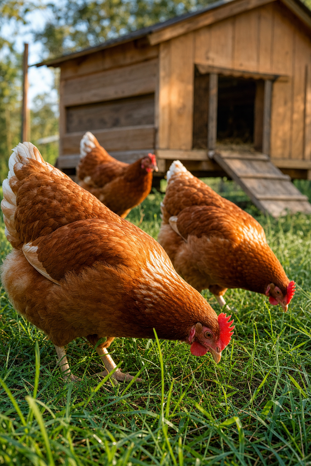 A realistic close-up of reddish-brown ISA Brown hens foraging in a grassy backyard run with a wooden coop behind them, warm morning light