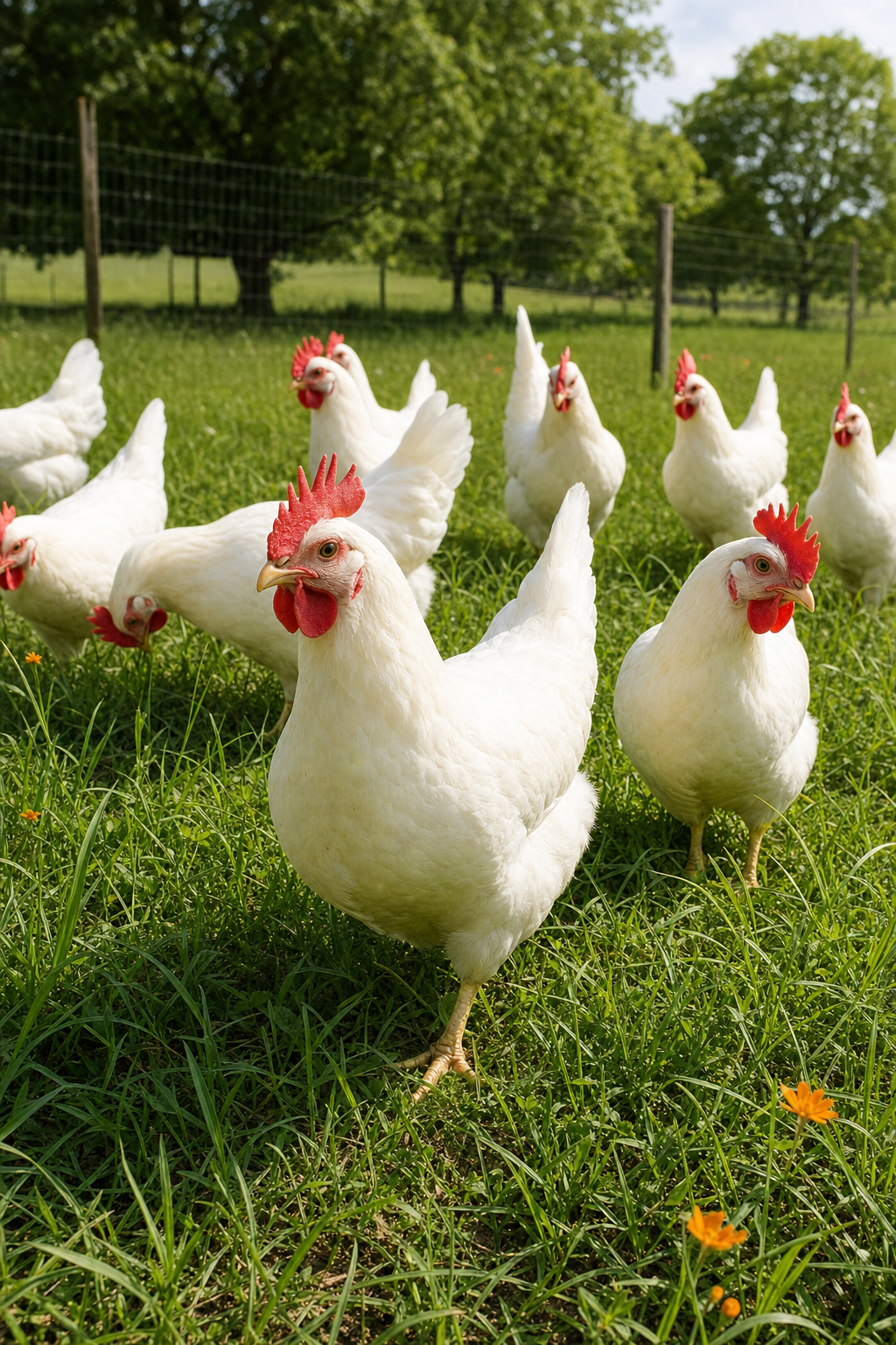 A realistic photo of white Leghorn hens with large red combs ranging across a sunny pasture in summer, lush green grass