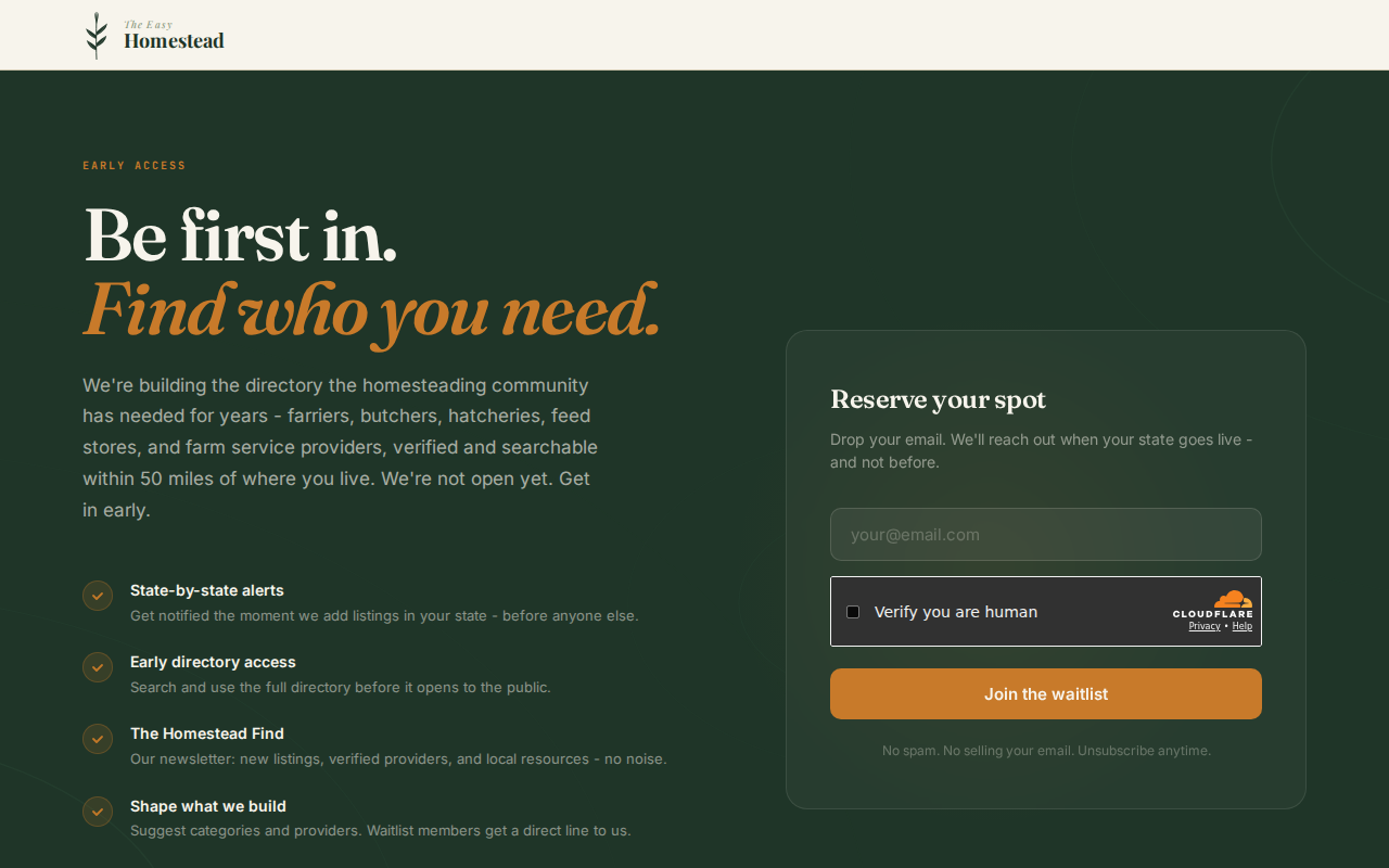 The Easy Homestead homepage screenshot for finding verified hatcheries