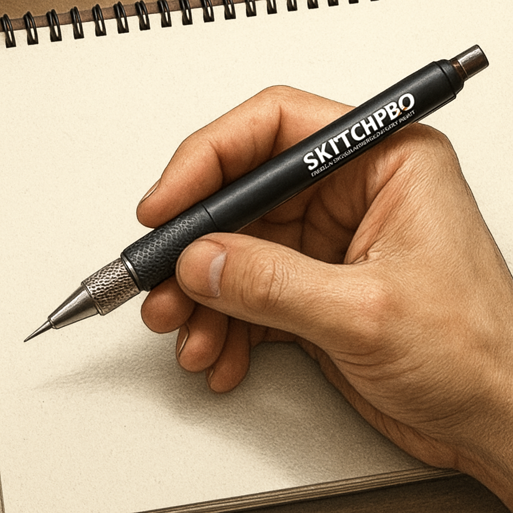 A realistic illustration of a hand holding the SketchPro Precision Lead Holder, showing the knurled metal clutch and rubber grip against a sketchbook page. Alt: SketchPro lead holder for drawing, best lead holder for drawing, precision clutch.