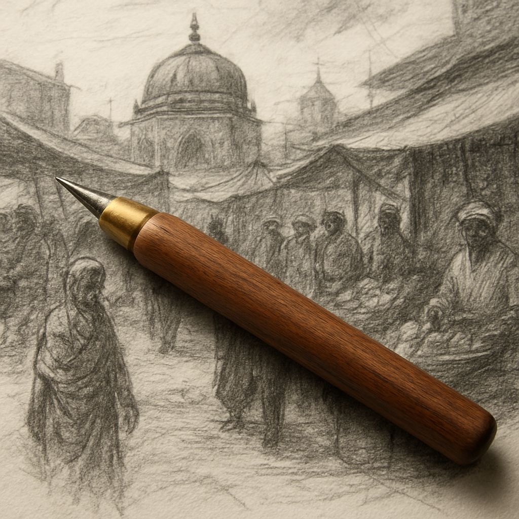 A close‑up of a classic wooden lead holder lying on a sketchbook with a charcoal drawing of an Indian market in the background. Alt: Classic wood lead holder for drawing, best lead holder for drawing
