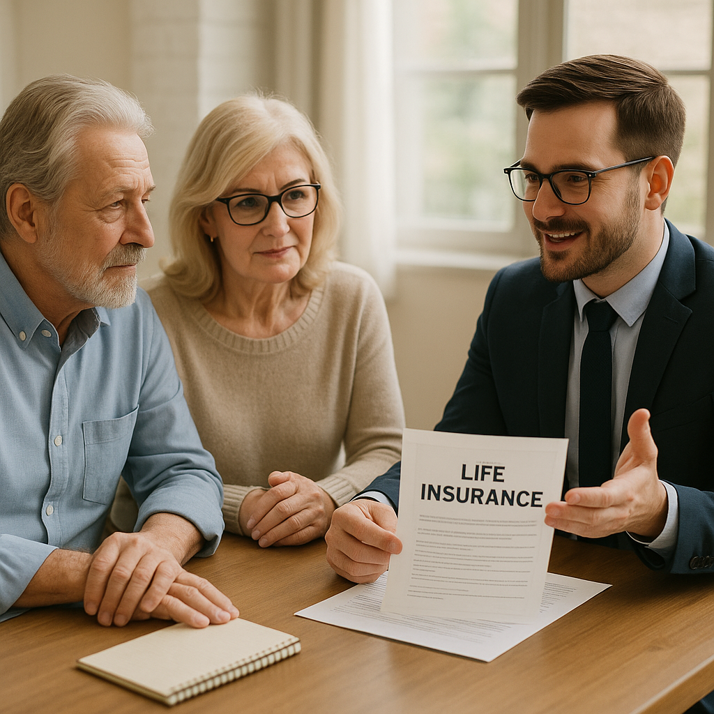 A senior couple discussing life insurance retirement plans with a financial advisor. Alt: Best life insurance for seniors over 60 exploring retirement income options.