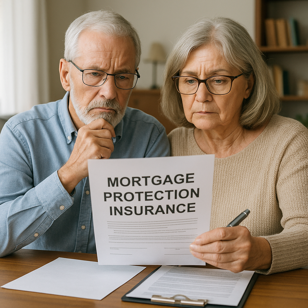 Senior couple reviewing mortgage protection insurance documents at home. Alt: Best life insurance for seniors over 60 covering mortgage protection.