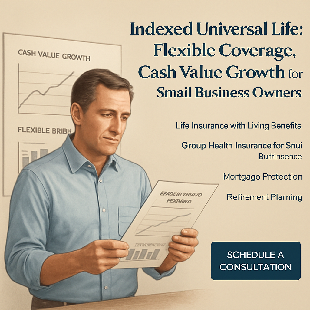 A professional illustration of a small business owner reviewing an Indexed Universal Life policy with charts showing cash value growth and flexible premium options. Alt: Indexed Universal Life flexible coverage cash value growth for small business owners