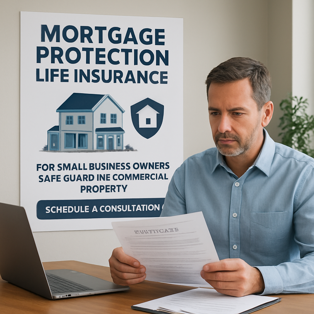 A small business owner reviewing mortgage documents with a life‑insurance policy illustration in the background. Alt: Mortgage protection life insurance for small business owners safeguarding commercial property