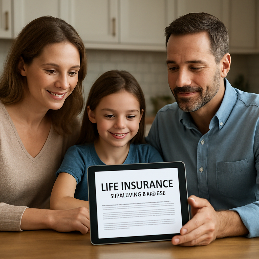 A photorealistic scene of a family gathered around a kitchen table, reviewing a life‑insurance policy document on a tablet, with a calm, reassuring atmosphere. The image reflects the concept of “best life insurance with living benefits” and conveys security and peace of mind for homeowners and small‑business owners. Alt: Family reviewing life insurance with living benefits.