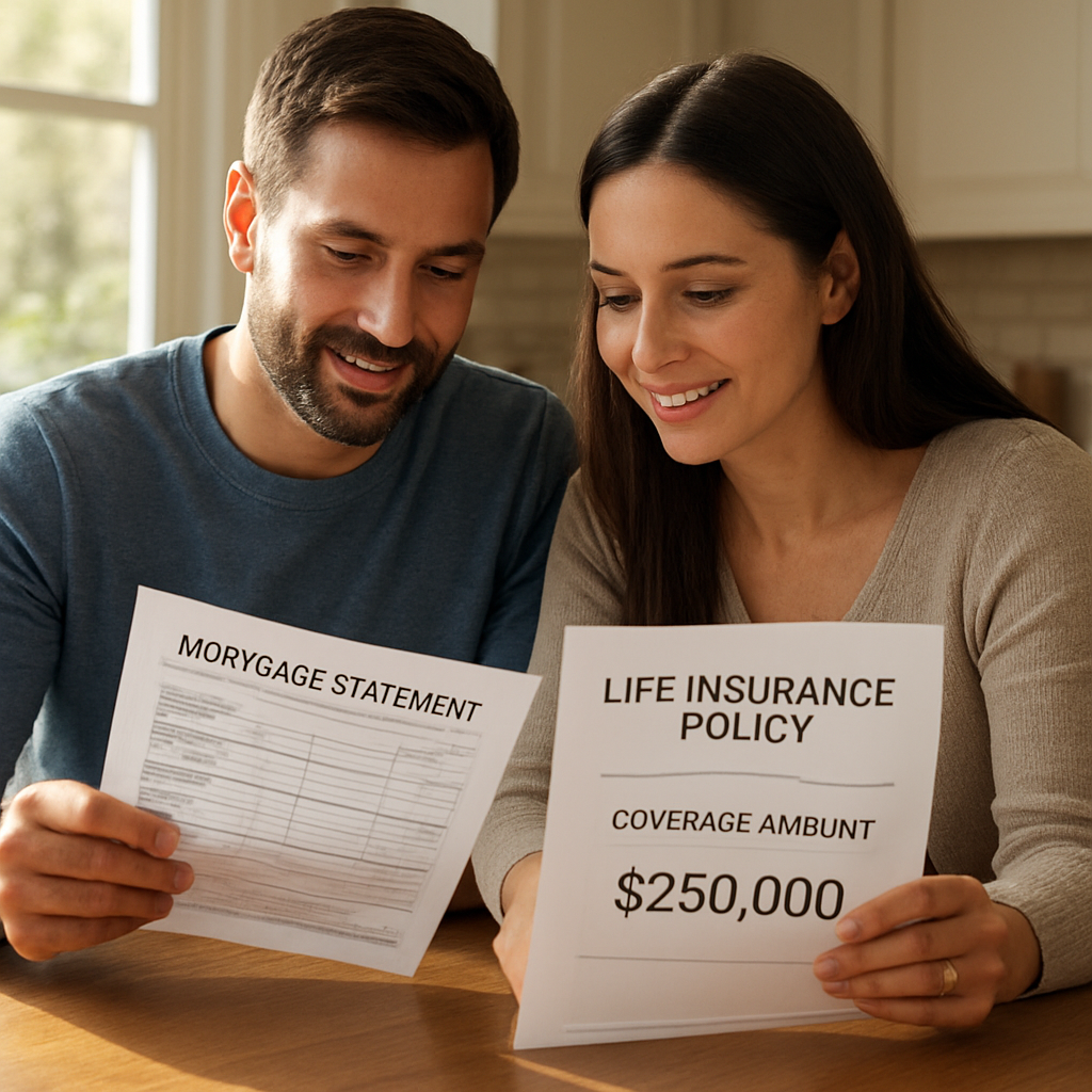 A photorealistic scene of a couple sitting at a kitchen table reviewing a mortgage statement and a life‑insurance policy document, sunlight streaming through a window, the homeowner’s hand pointing to the coverage amount, conveying security and peace of mind. Alt: Mortgage protection with living benefits illustration.