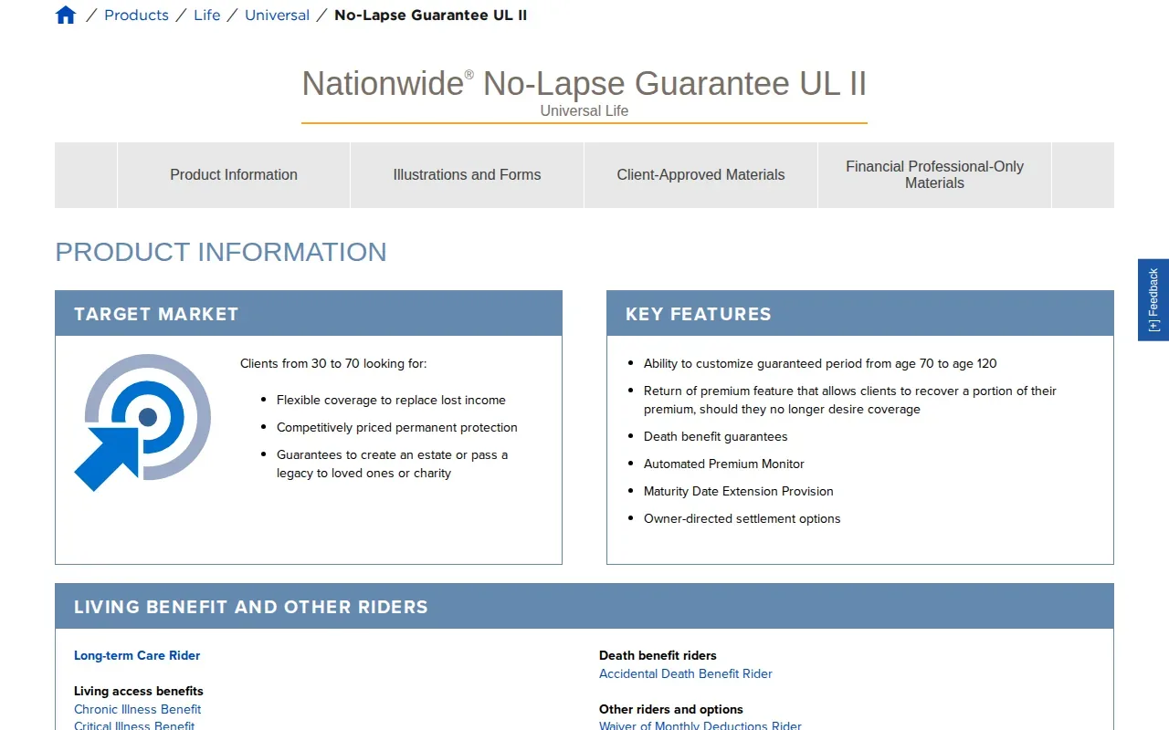 Screenshot of the Nationwide YourLife No-Lapse Guarantee UL website