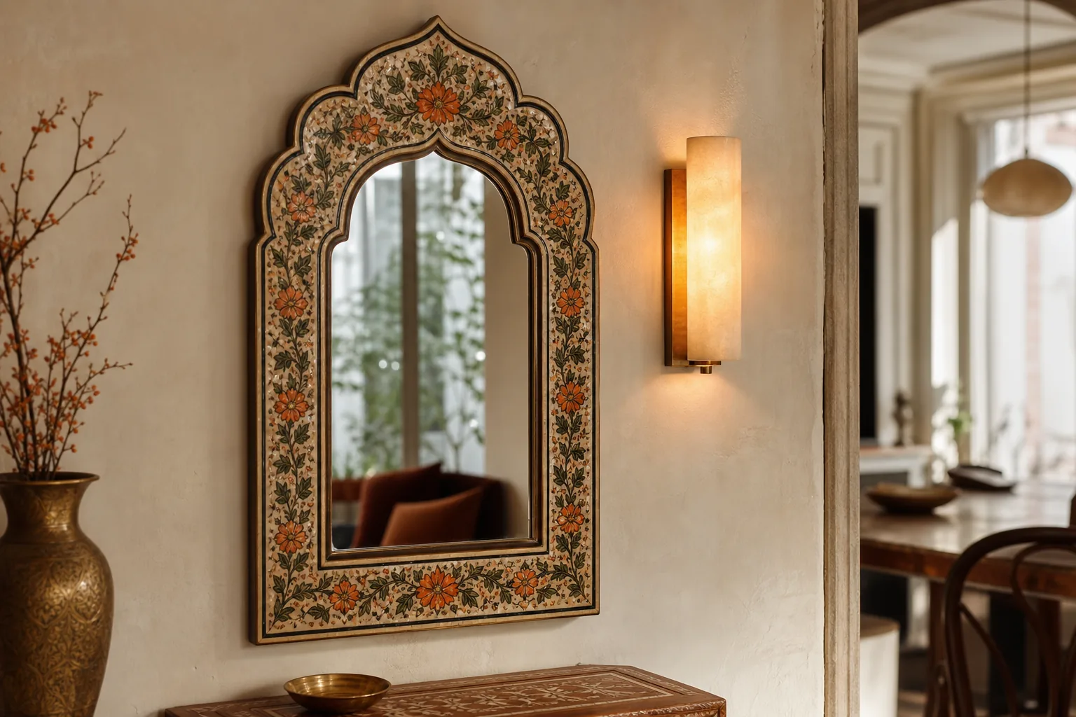 warm high-CRI lighting beside a hand-painted Persian mirror.