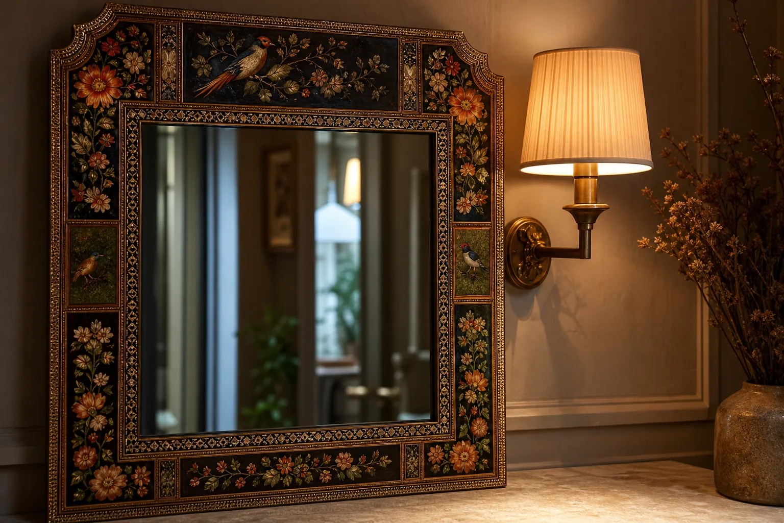 glare-free lighting showing painted Persian mirror details.