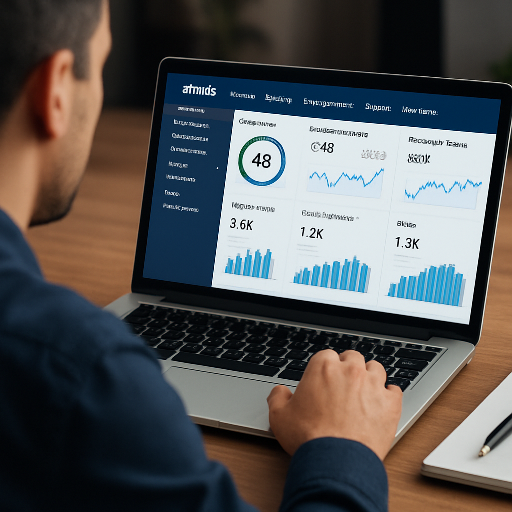 An AI‑generated illustration of a marketer analyzing Ahrefs data on a laptop, with charts and backlink graphs visible. Alt: Ahrefs link building tool dashboard analysis for SEO