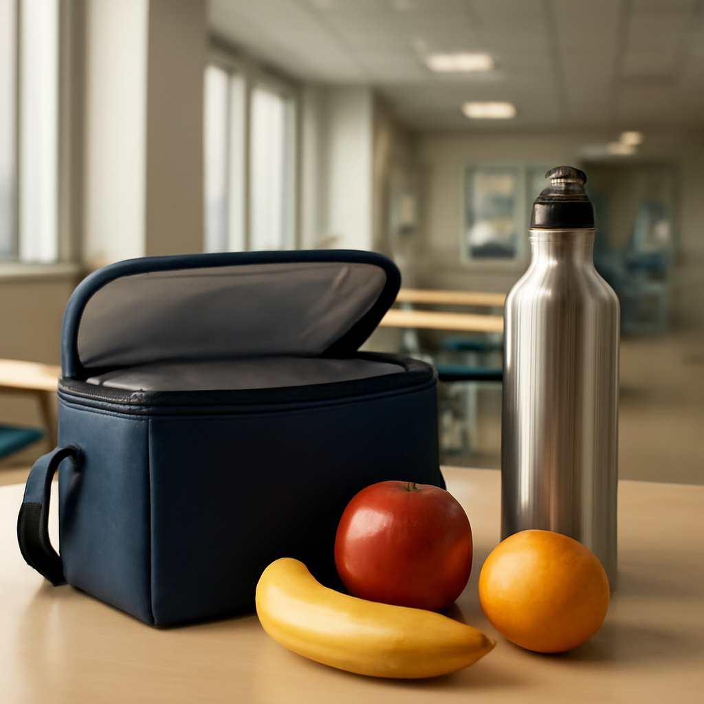 A modern hospital break room table with an insulated lunch box, a stainless‑steel water bottle, and fresh fruit, bright natural light, Alt: Insulated lunch box with easy access for nurses