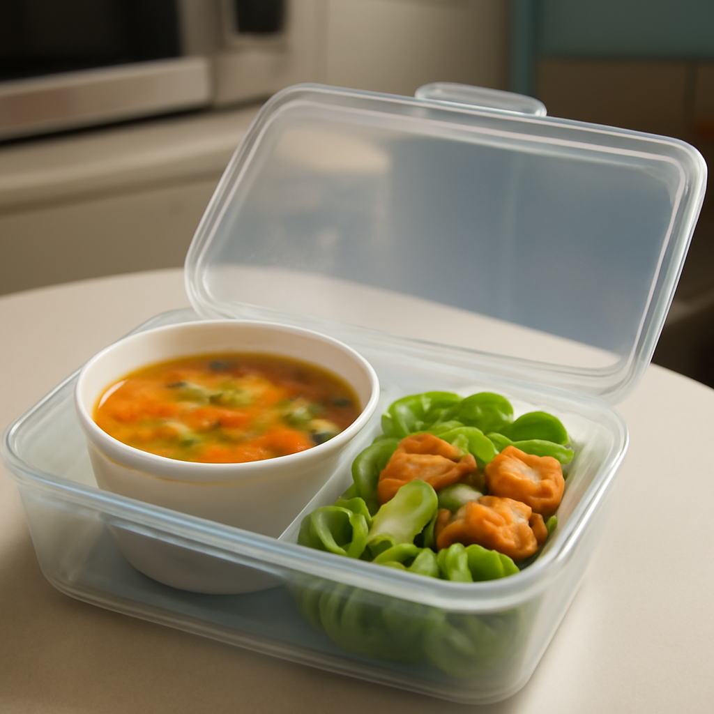 A bright hospital break‑room table with a sleek microwave‑safe plastic lunch box opened to reveal a steaming soup container, a fresh salad, and a small ice pack tucked into a side sleeve. Alt: Easy‑clean microwave‑safe plastic lunch box for nurses.