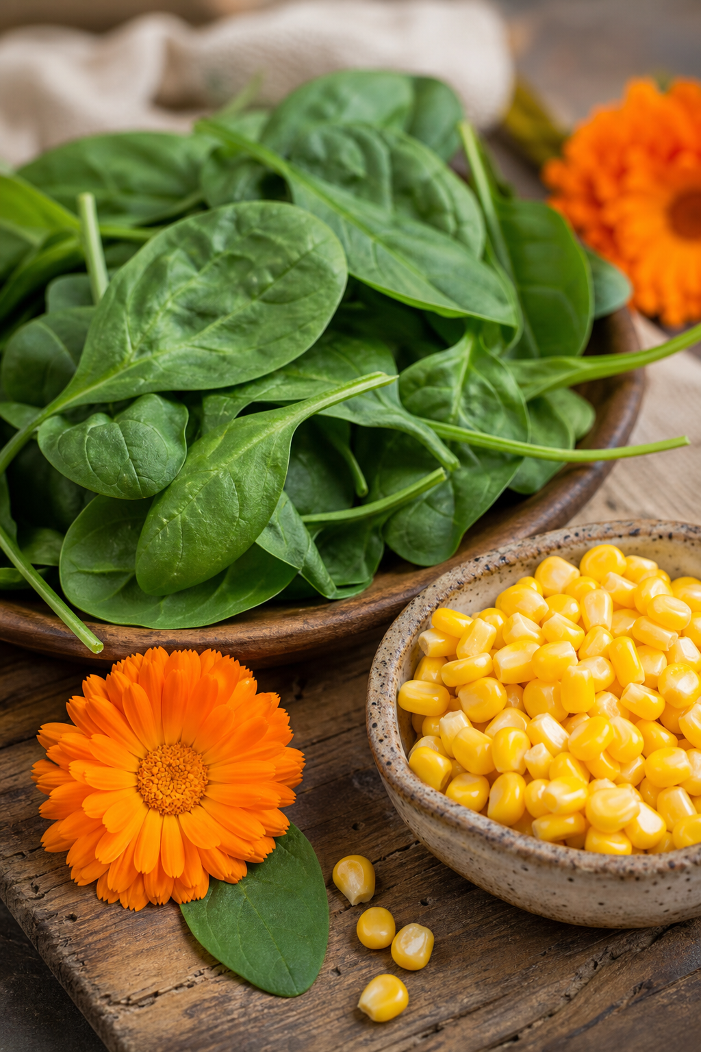 A photorealistic close-up of natural ingredients like spinach leaves, marigold flowers, and yellow corn kernels on a rustic wooden table, representing lutein-rich foods. Alt: Lutein-rich foods for eye health