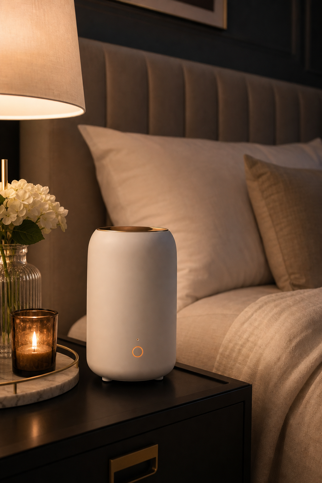 A photorealistic bedroom scene at night showing a small, elegant white diffuser on a bedside table with soft warm lamplight, linen bedding in the background, and a subtle mist-free atmosphere. The overall mood is calm and luxurious. Alt: luxury cold air diffuser on bedroom nightstand with soft ambient lighting.