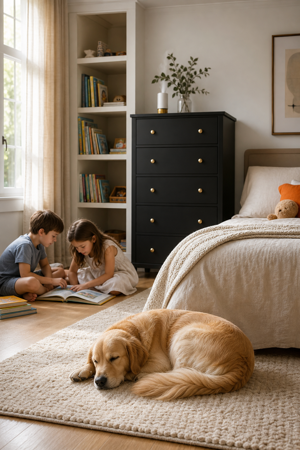 A bright, airy family bedroom with children's books on a shelf, a small elegant diffuser on a high dresser out of reach, natural light coming through linen curtains, and a dog sleeping on a rug in the foreground. Alt: safe heat-free cold air diffuser in family bedroom with kids and pets.
