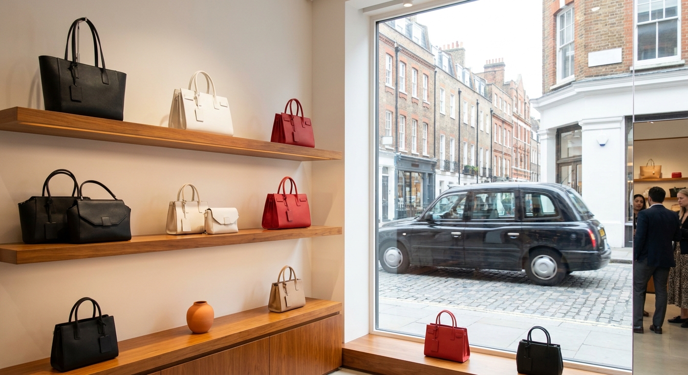 A realistic photo of a curated wall display of various designer leather handbags in a bright London boutique, soft daylight from a shop window, warm wood shelving. Alt: best luxury handbags displayed in a London consignment boutique.