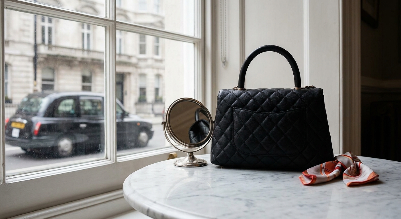 A realistic close-up of a structured quilted leather handbag with a top handle resting on a marble surface beside a small mirror, soft natural window light. Alt: elegant Dior-style luxury handbag with cannage quilting.