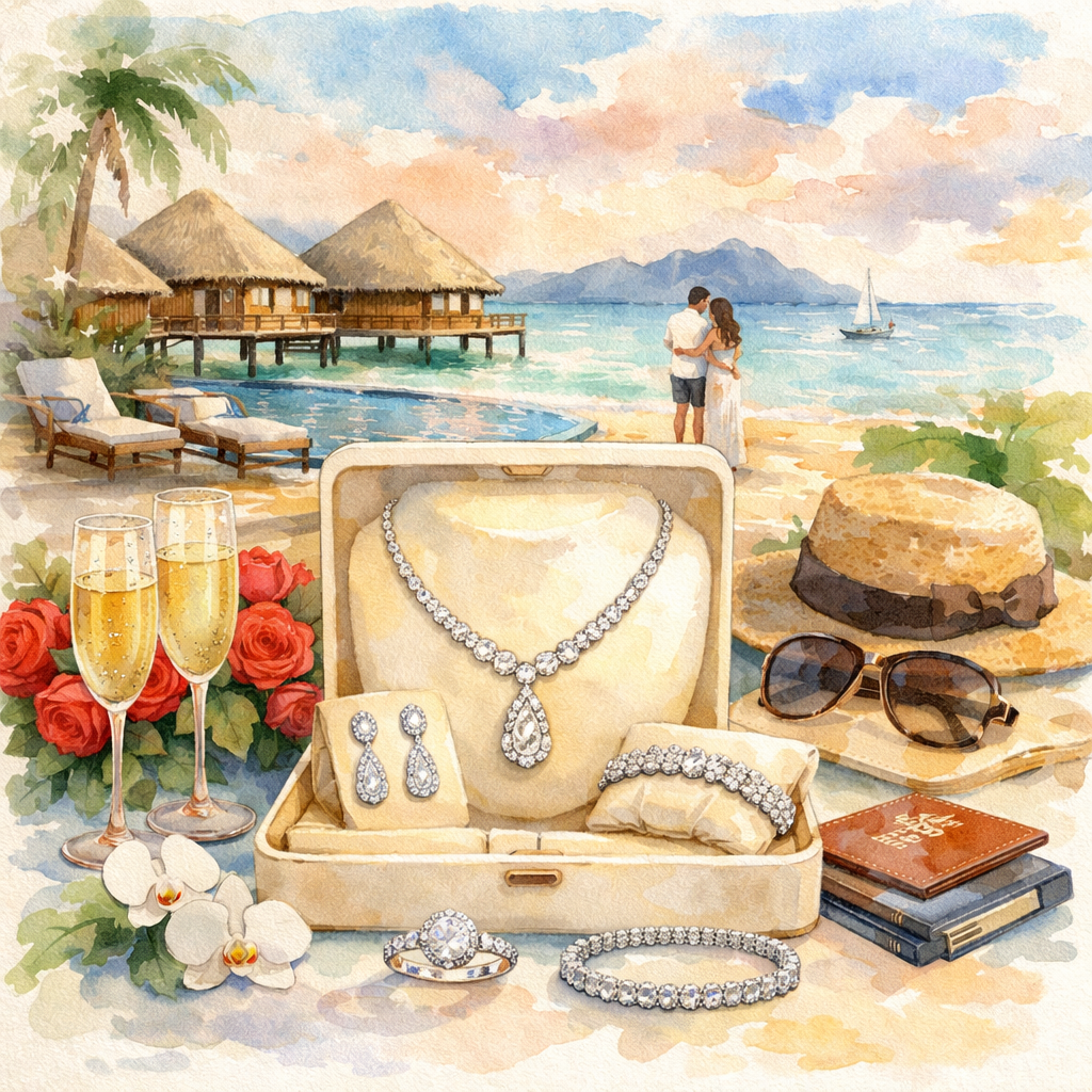 A photorealistic image related to best-luxury-honeymoon-travel-jewelry-set. Alt: best-luxury-honeymoon-travel-jewelry-set