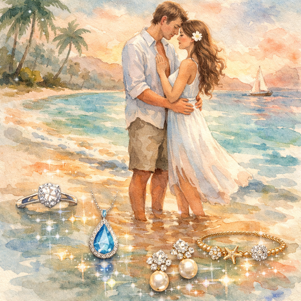 Watercolor illustration of a couple on a tropical beach, with subtle hints of sparkling jewelry pieces reflected in the water, alt: romantic honeymoon jewelry inspiration