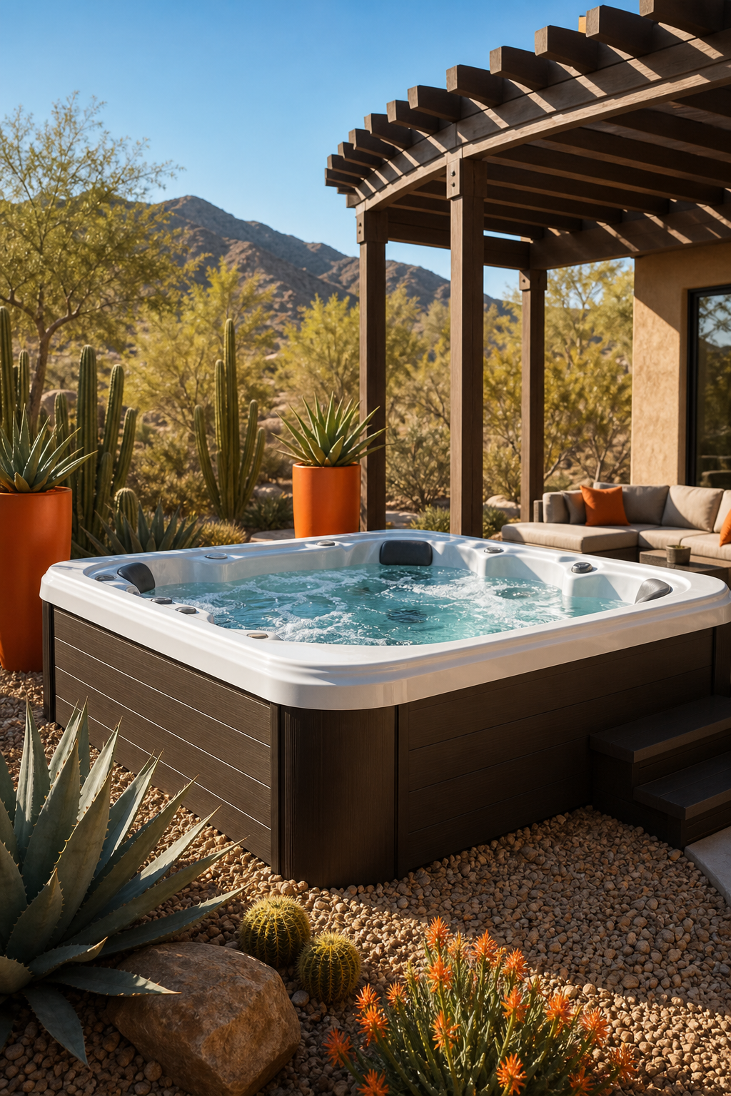 A photorealistic sunset desert backyard with a sleek luxury hot tub surrounded by stone pavers and low‑profile LED lighting, showing the tub as the focal point of a modern oasis. Alt: desert backyard luxury hot tub at dusk