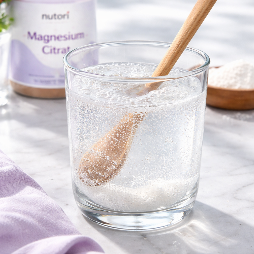 A realistic close‑up of natural magnesium citrate crystals dissolved in a clear glass of water, showing bubbles and a wooden spoon, alt=