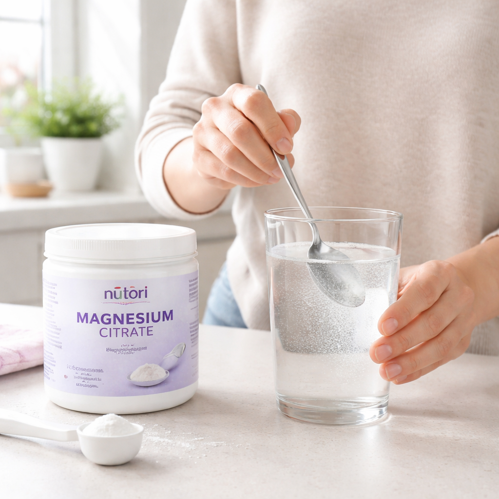 A realistic illustration of a person mixing magnesium citrate powder into a glass of water with a spoon, alt=
