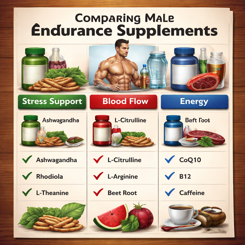 A realistic illustration of a comparison chart showing endurance supplement categories like stress support, blood flow, and energy, without brand names. Alt: visual guide to comparing male endurance supplements