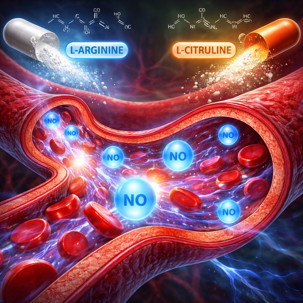 Realistic illustration of blood vessels expanding with nitric oxide molecules, showing how L‑Arginine and L‑Citrulline improve flow. Alt: nitric oxide boost for male enhancement.