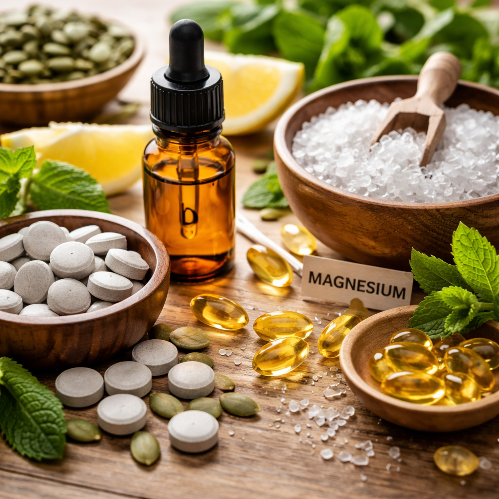 A realistic close‑up of natural supplement ingredients like zinc tablets, vitamin D drops, magnesium crystals on a wooden table. Alt: natural hormone support ingredients laid out