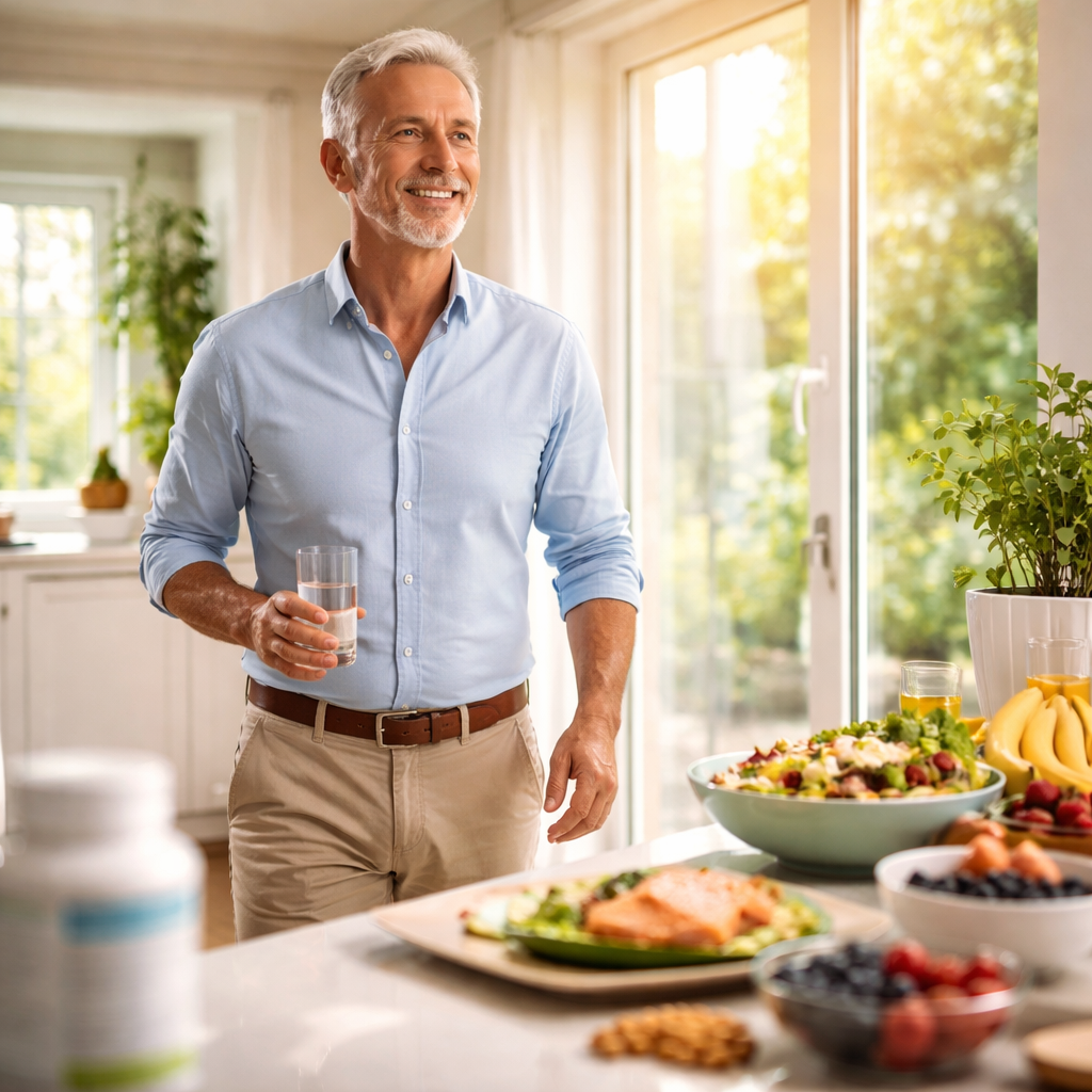 A realistic scene of an older man confidently walking into a bright kitchen, with sunlight highlighting healthy foods and a blurred supplement bottle in the background. Alt: older man healthy lifestyle and supplements