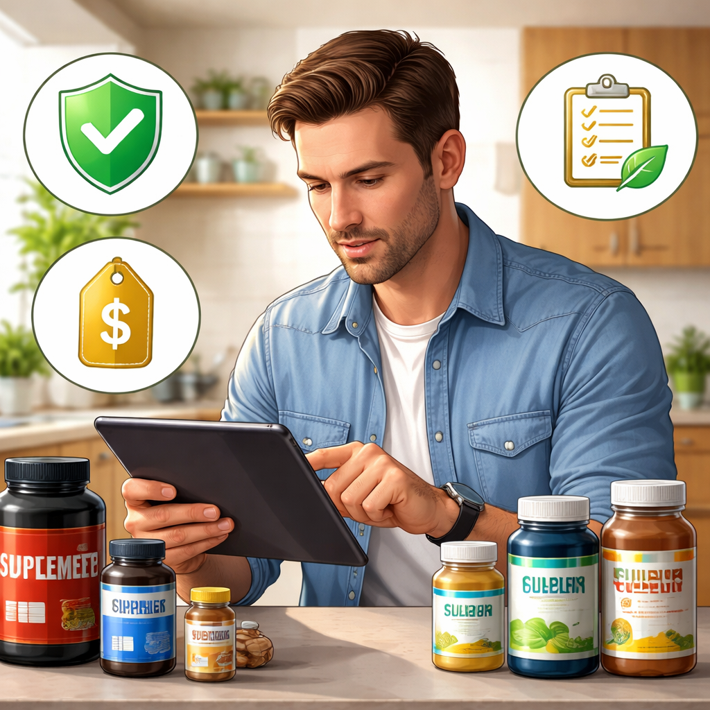 A realistic illustration of a man reviewing supplement labels on a tablet, with icons for safety, price, and ingredients. Alt: evaluating male health supplement safety and cost