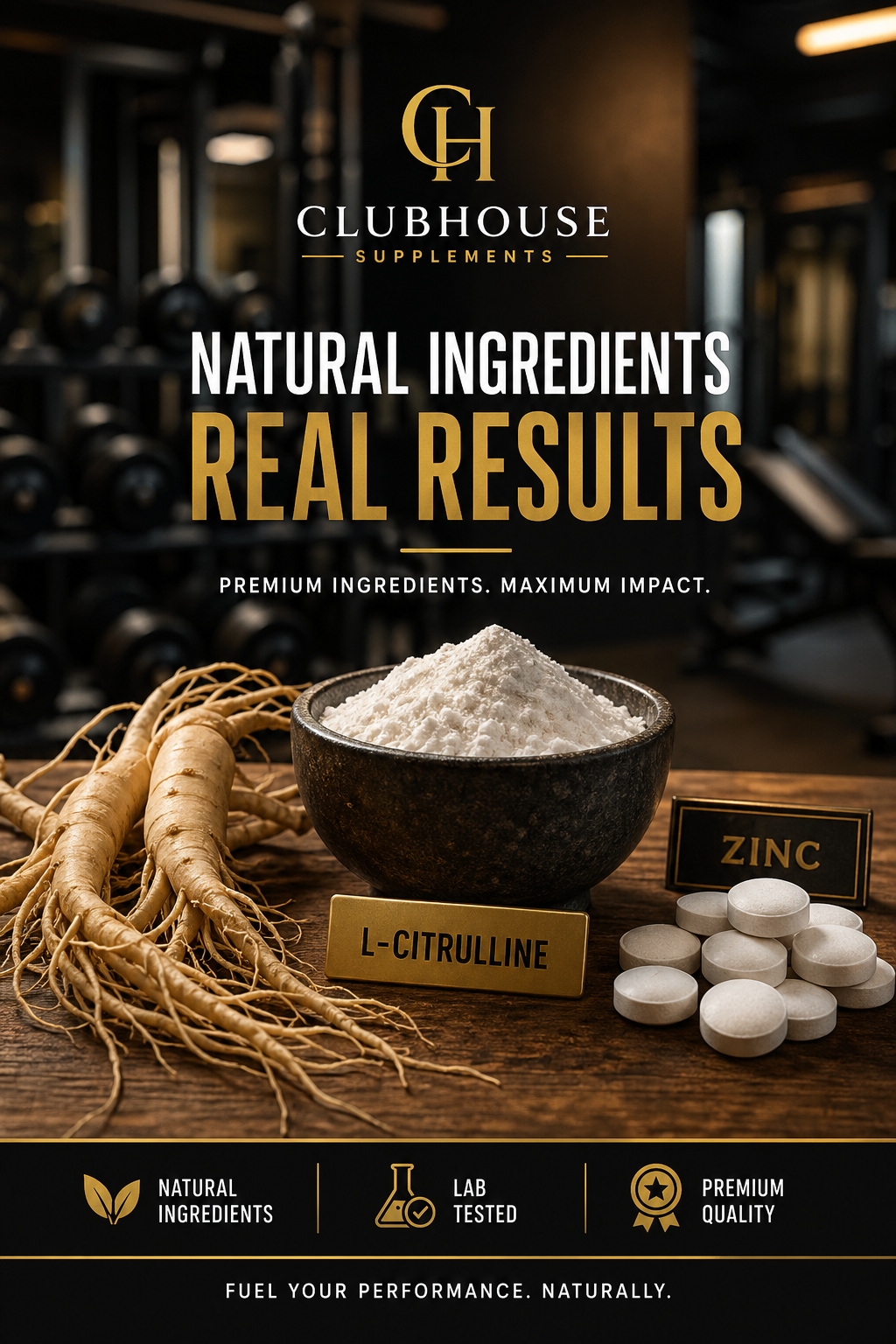 A photorealistic close-up of natural supplement ingredients like ginseng root, zinc tablets, and beetroot powder on a dark wooden surface, with a small measuring spoon. Alt: Key ingredients for male stamina supplements including citrulline and beetroot.
