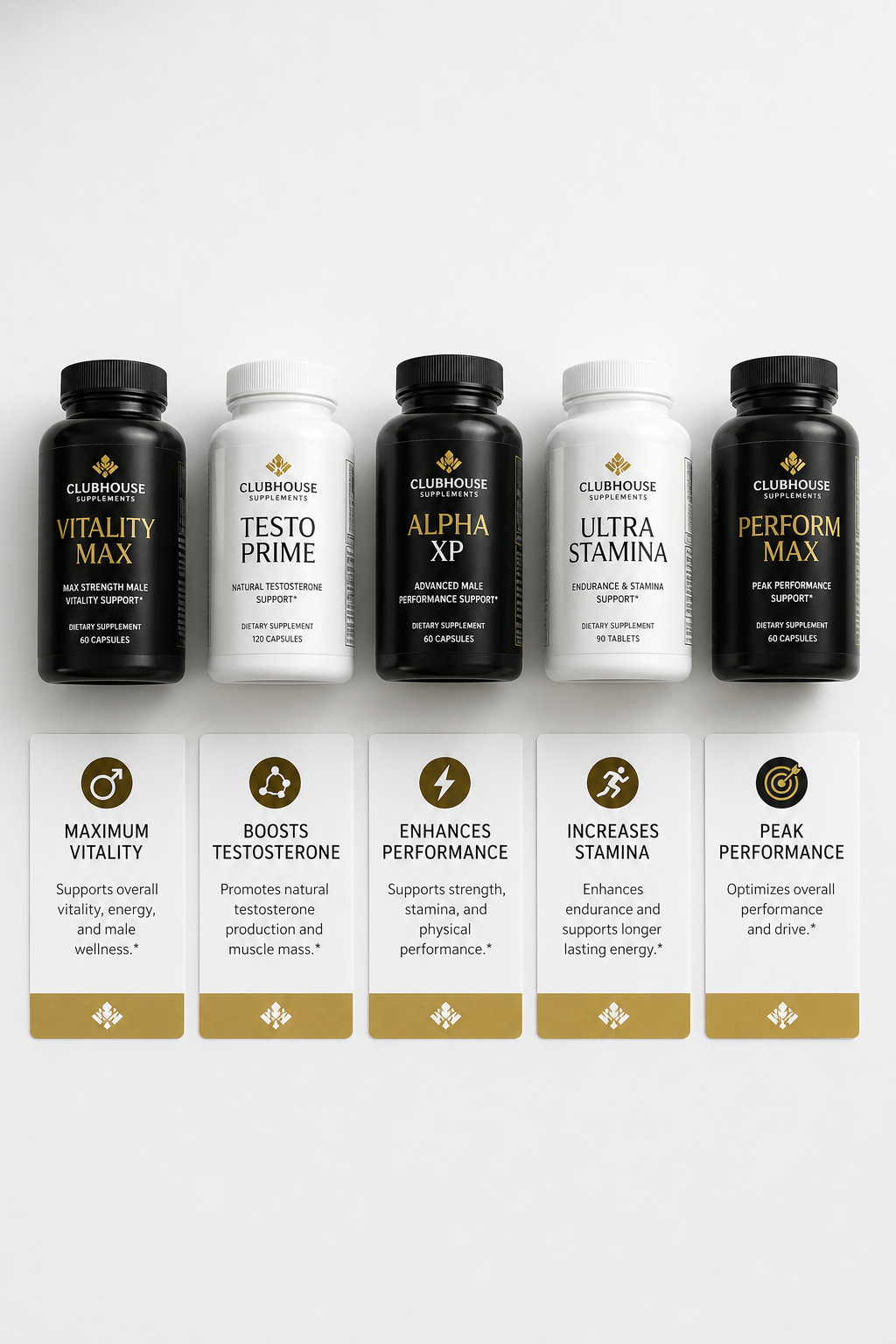 A photorealistic overhead shot of five supplement bottles arranged in a row on a clean white surface, each with a notecard showing a key feature, soft studio lighting. Alt: Comparison of male stamina supplement bottles with feature cards