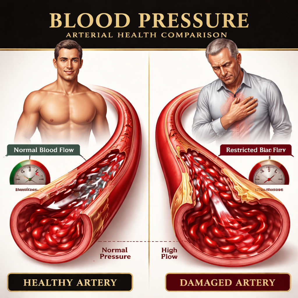 A realistic anatomical illustration showing blood flowing through healthy arteries versus narrowed arteries affected by high blood pressure, with clear labels showing the difference in blood flow and pressure. Alt: blood pressure arterial health comparison showing healthy vs damaged arteries in men