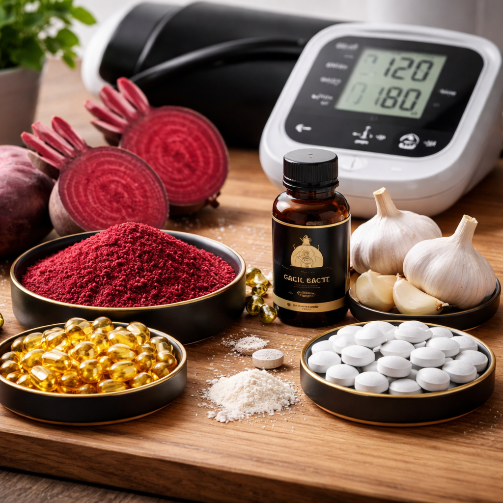 A clean, organized display of natural supplement ingredients like CoQ10 capsules, beetroot powder, garlic extract, and magnesium tablets arranged on a wooden surface with a blood pressure monitor in the background. Alt: best male supplement for blood pressure ingredients display showing CoQ10 beetroot garlic magnesium supplements
