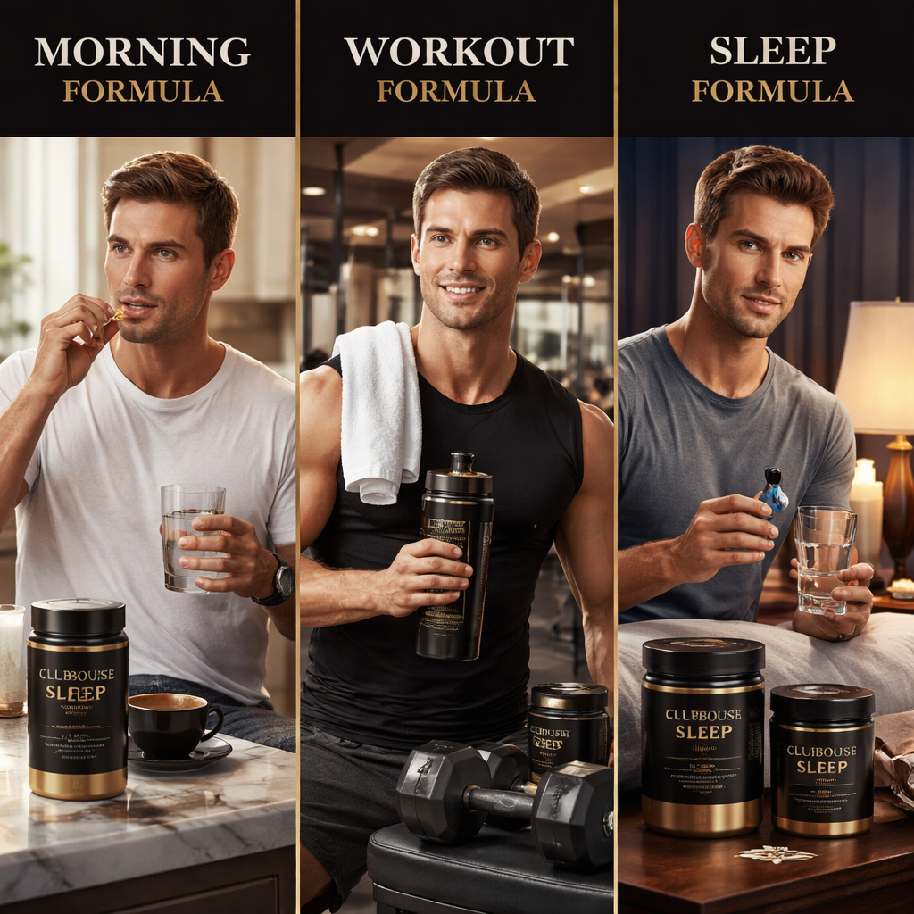 A realistic illustration of a man in three daily scenes ,  morning coffee with a pill, gym workout with a shaker, and bedtime with a sleep aid, each scene labeled with the matching Clubhouse formula. Alt: lifestyle matching male vitality supplements
