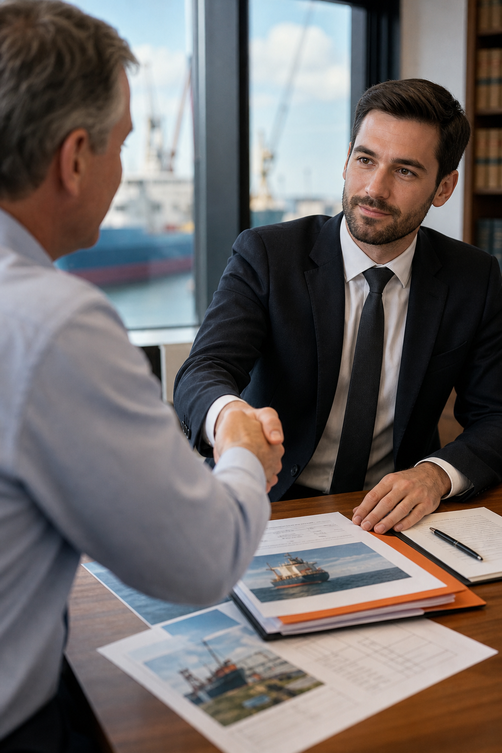 A photorealistic image of a client and lawyer shaking hands over a desk, with maritime documents visible. Alt: scheduling a consultation with a maritime lawyer.