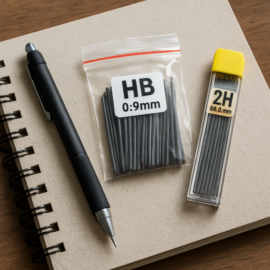 A photorealistic scene of an Indian student’s desk with a mechanical pencil, a zip‑lock bag of thick 0.9 mm HB leads, a bulk 2H refill pack, and a combo kit laid out on a textured sketchbook, natural daylight highlighting the graphite textures. Alt: Budget‑friendly mechanical pencil leads for drawing.