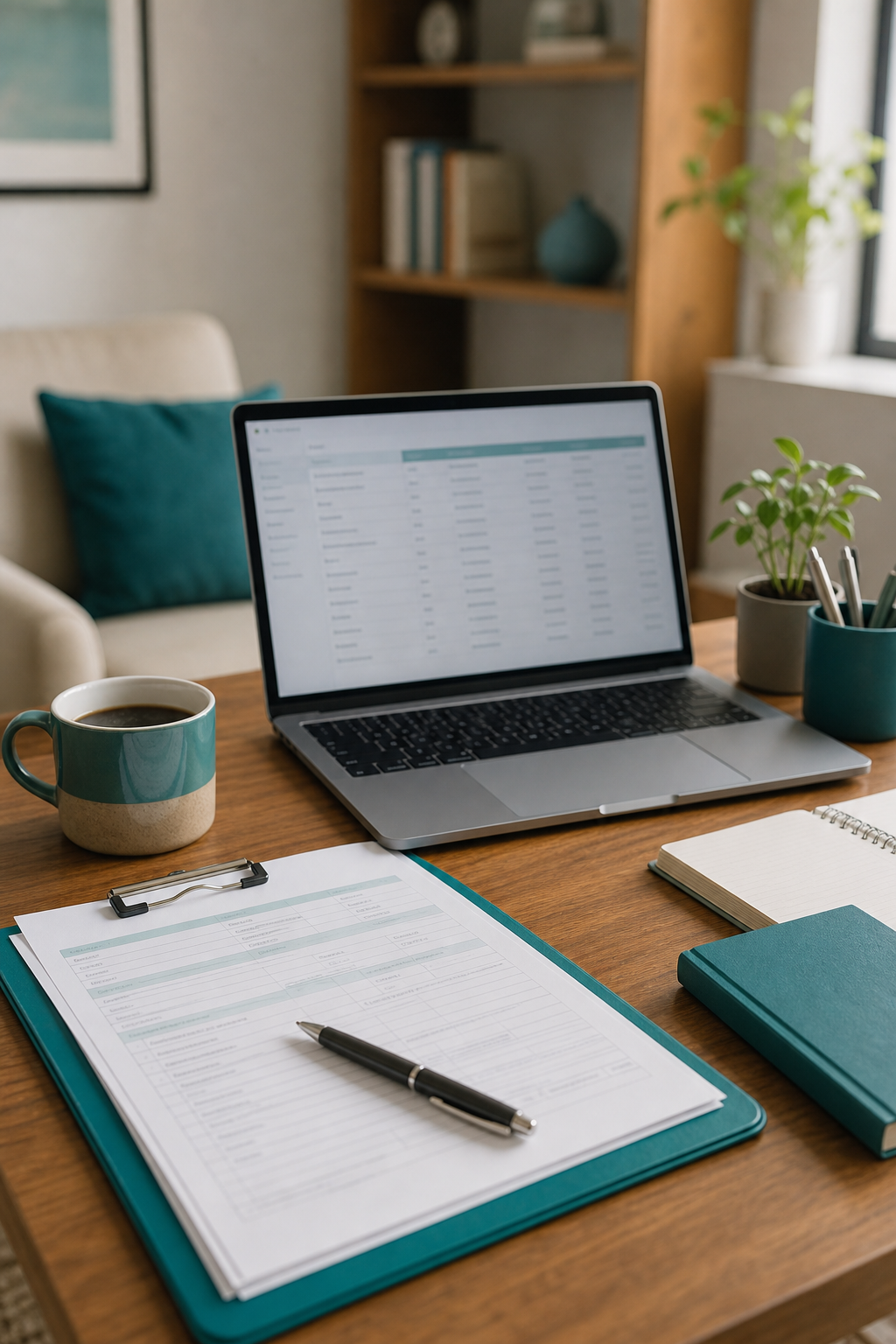 A realistic photo of a therapist's desk with paperwork, a laptop showing billing software, and a cup of coffee. Natural light, warm tones. Alt: Mental health billing paperwork and laptop on desk.