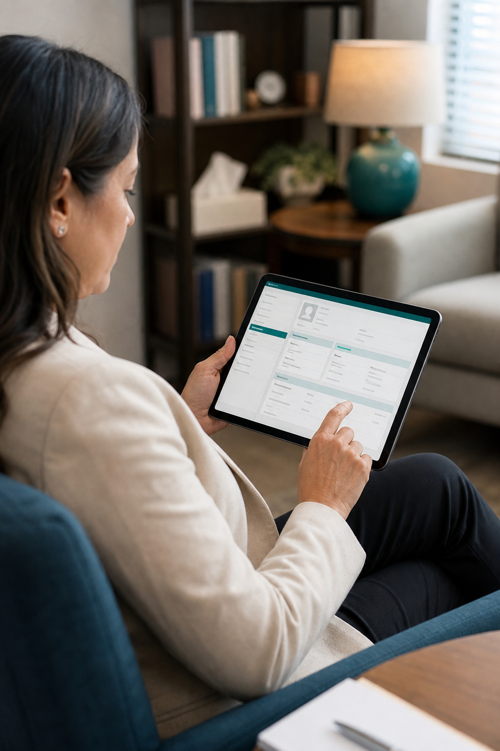 A realistic photo of a clinician using a tablet with an EHR interface visible in a cozy office setting. Soft focus, professional. Alt: Mental health provider using EHR on tablet.