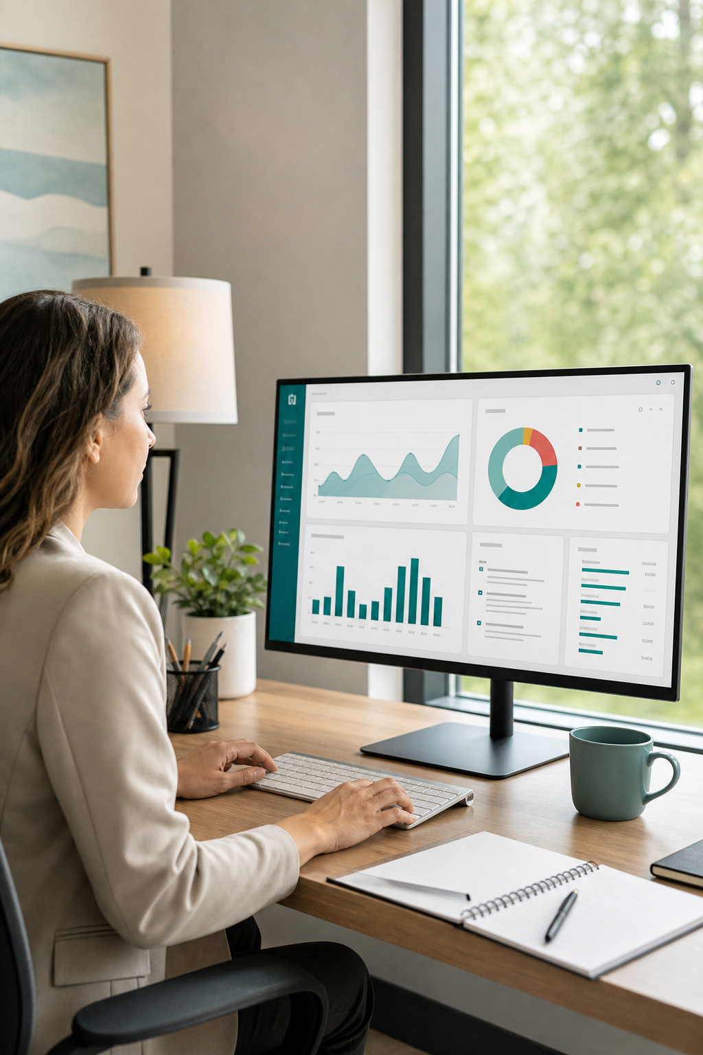 A modern office with a computer screen displaying data analytics and graphs, representing AI-powered billing and revenue cycle management. AI-driven mental health billing software interface with analytics.