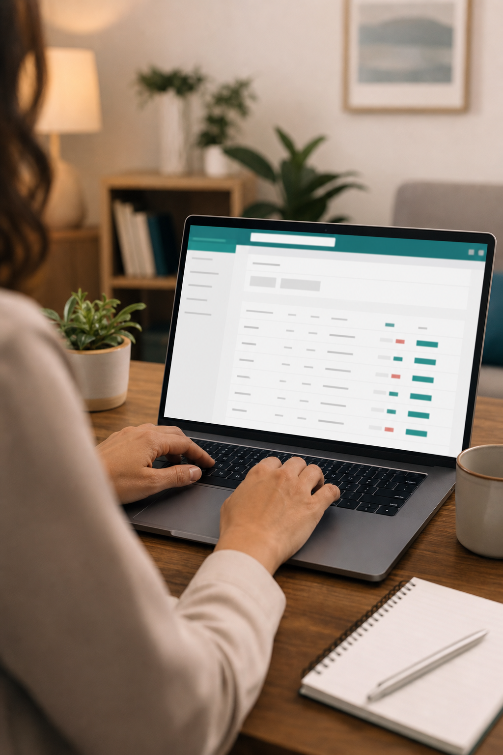 Best Mental Health Billing Services North Georgia 2 A close-up of a therapist's hands typing on a laptop with claim management software visible on screen, warm lighting, professional yet calm atmosphere. Alt: Mental health billing service MCM South claim management software